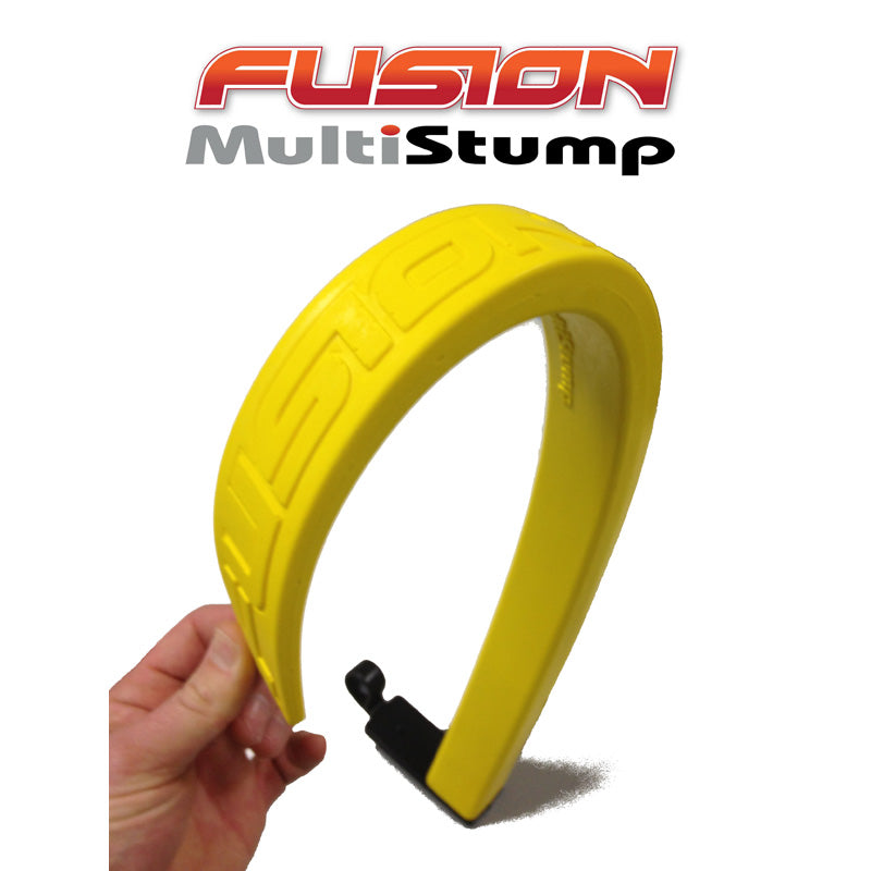 A flexible cricket training stump on a white background with the words "Fusion Multistump".