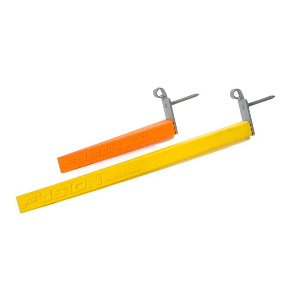 Two plastic stumps used for bowling training, one yellow and one orange, with the brand name 'FUSION' visible on the orange one, placed on a white background.