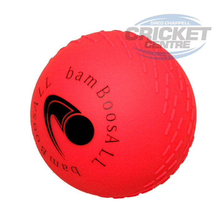 A pink cricket training ball with the text 'bamBoosAll' and a logo printed in black.