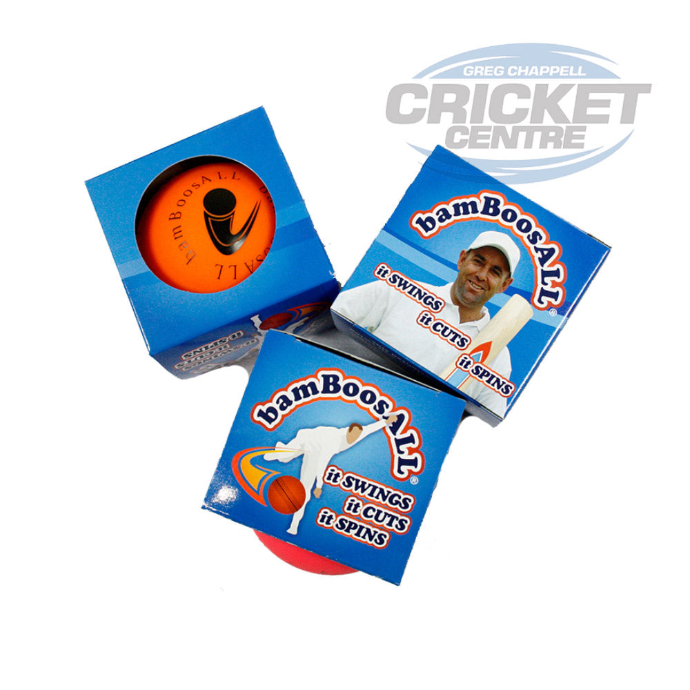 Three 'bamBoosAll' cricket training balls in their display packaging.