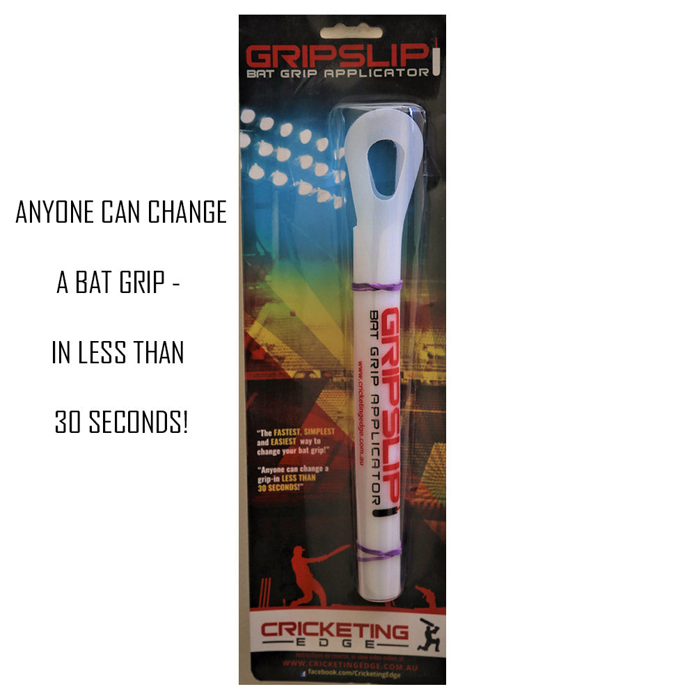 Packaging of the GripSlip bat grip applicator with the product visible inside. The packaging has text and graphics related to cricket.