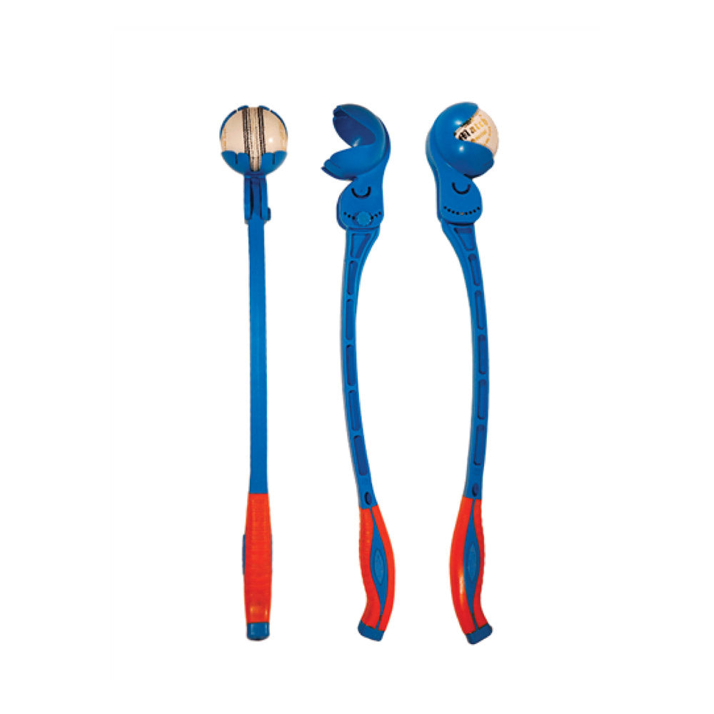 Three cricket ball throwers with blue shafts and orange handles.