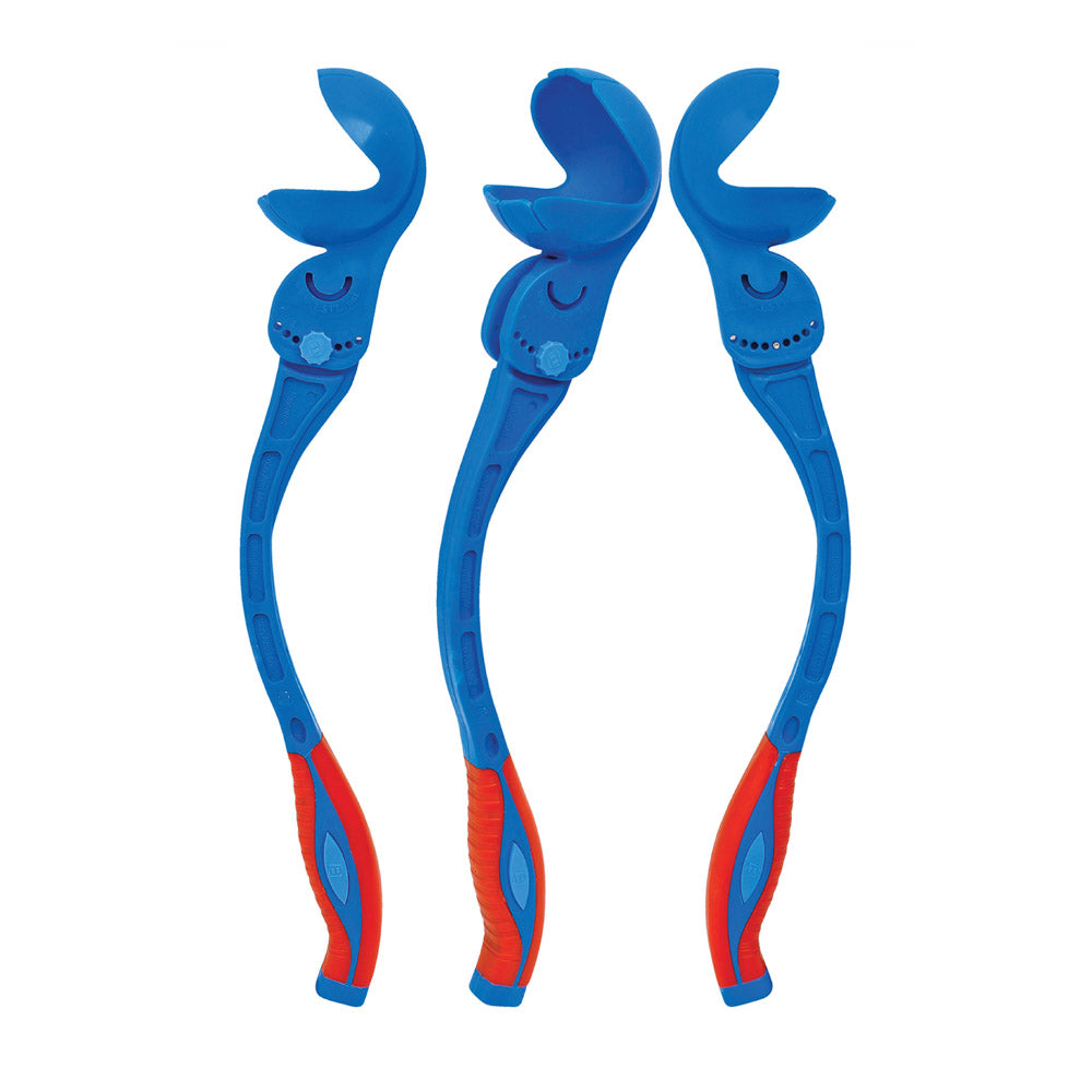 Three blue cricket ball throwers with orange handles.