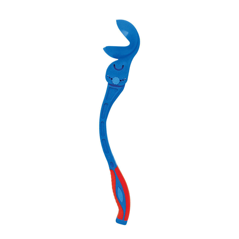 A side profile shot of the Robo Arm Mini, a blue cricket ball thrower with orange handle.