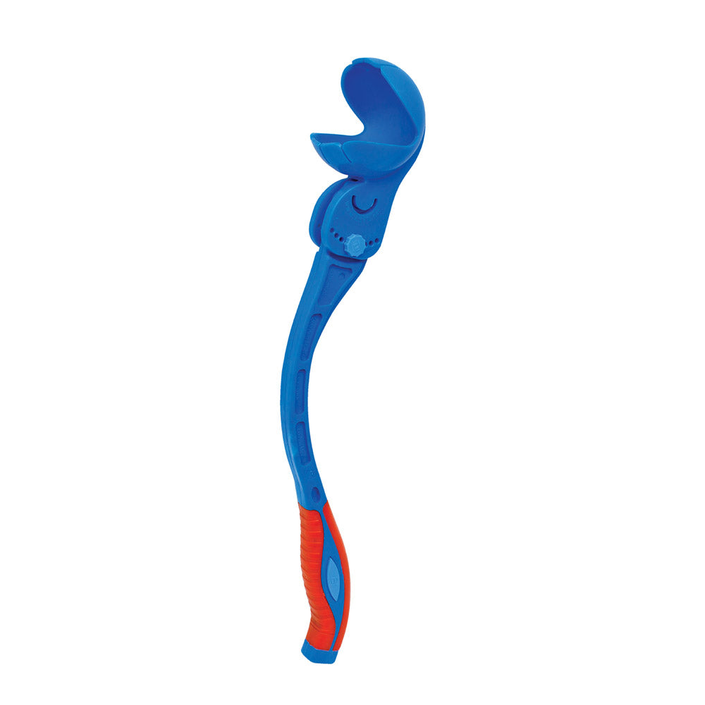 An angled shot of the Robo Arm Mini, a blue cricket ball thrower with orange handle.