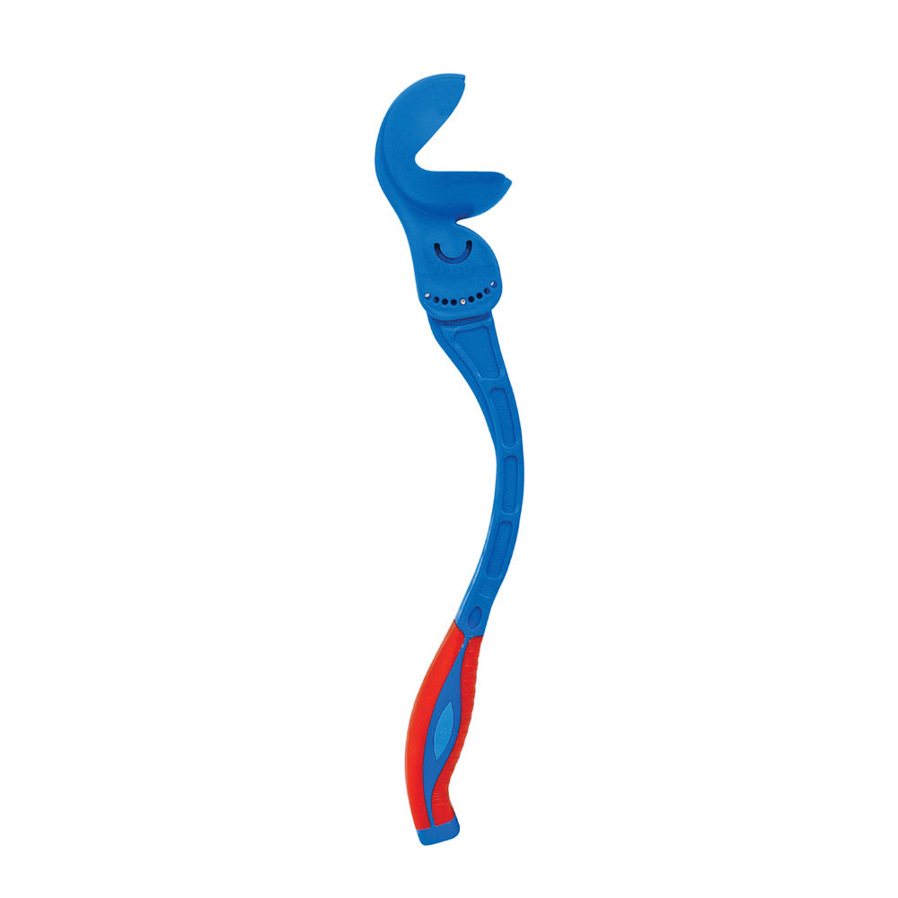 A side profile shot of the Robo Arm Mini, a blue cricket ball thrower with orange handle.