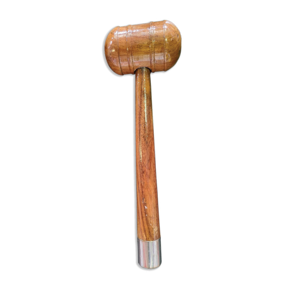 A wooden cricket bat mallet with a gripping cone at end.