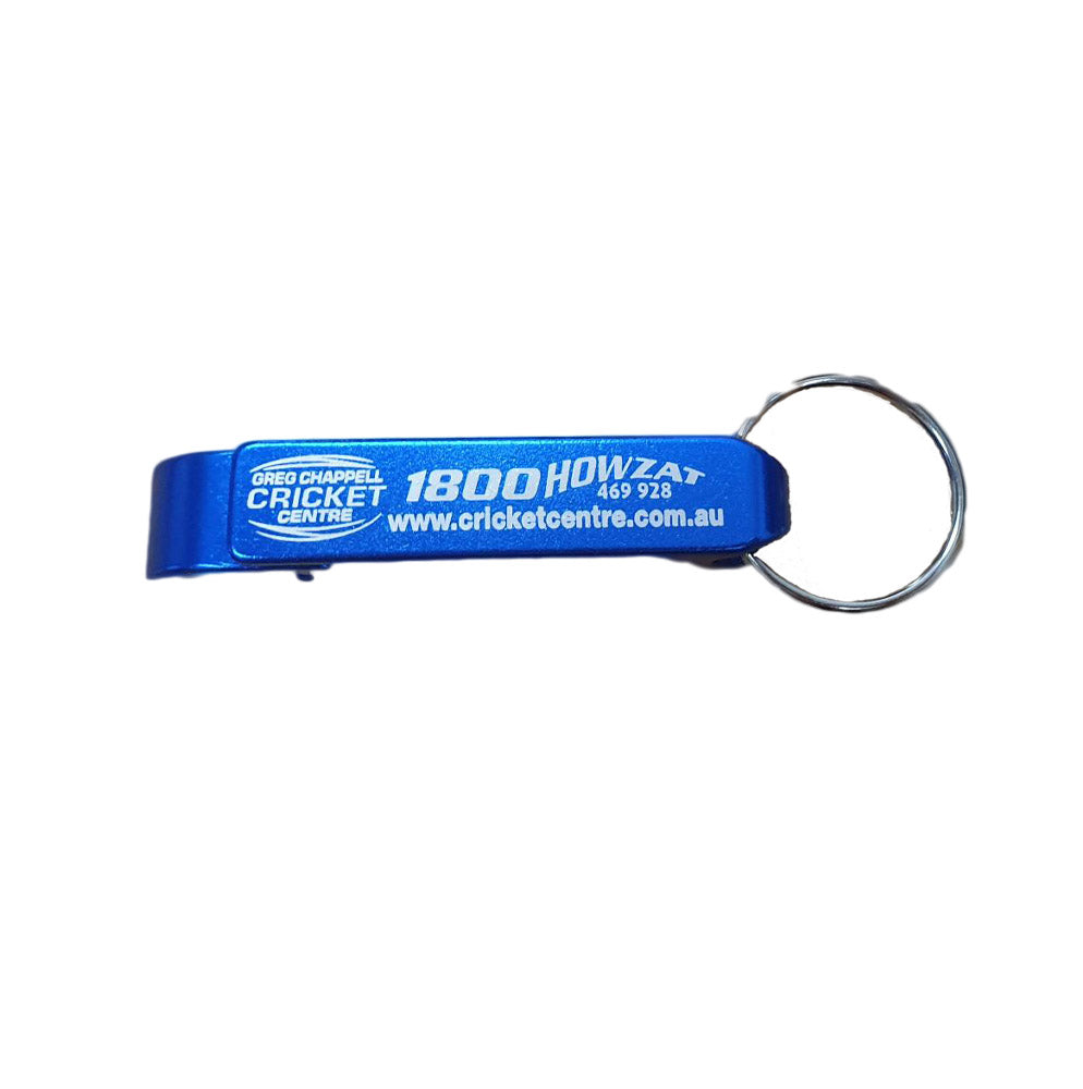 A royal blue GCCC logo keyring bottle opener with a metallic ring and printed text.