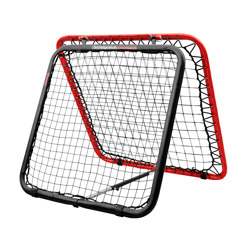 A red and black Crazy Catch Wild Child 2.0 reaction trainer net, suitable for indoor or outdoor use.