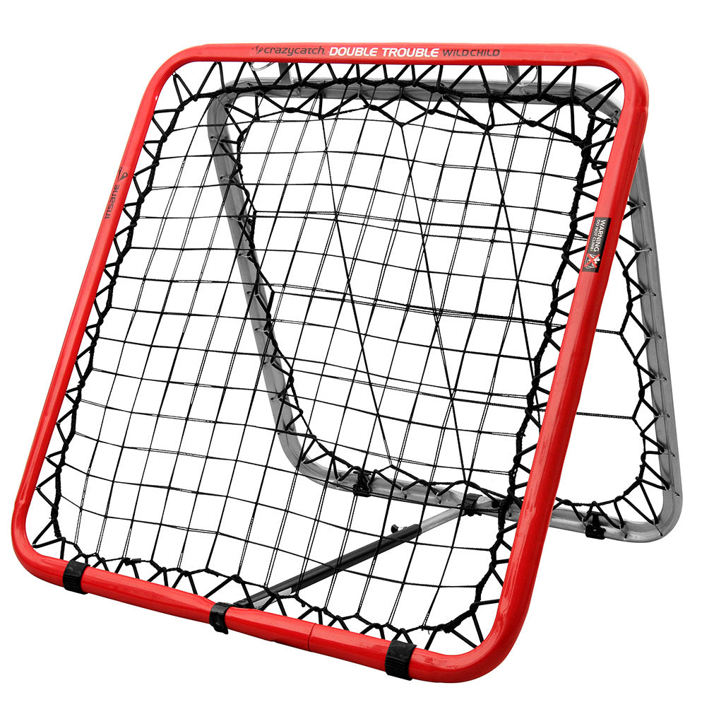 A red and black Crazy Catch Wild Child Double Trouble sports net, designed for rebound training, suitable for indoor or outdoor use.