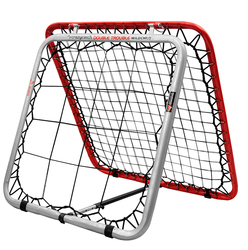 A red and black Crazy Catch Wild Child Double Trouble sports net, designed for rebound training, suitable for indoor or outdoor use.