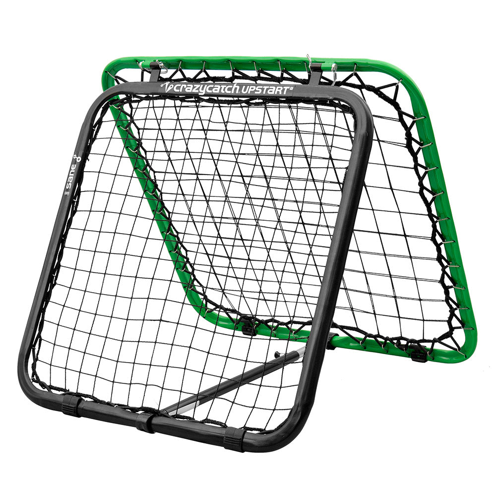 The reverse side of a freestanding Crazy Catch Upstart 2.0 reaction trainer net with a black green frame, designed for sports training.
