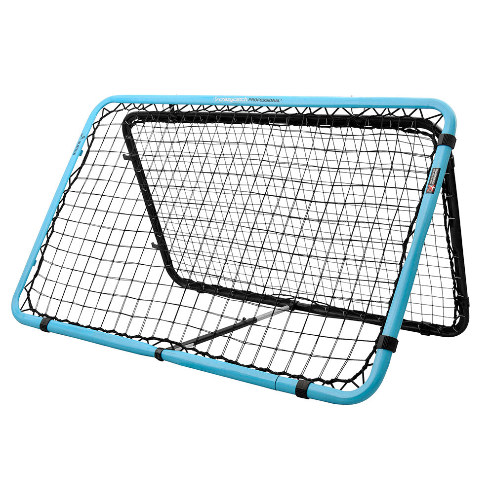 A large, rectangular, blue and black rebound net designed for sports training.
