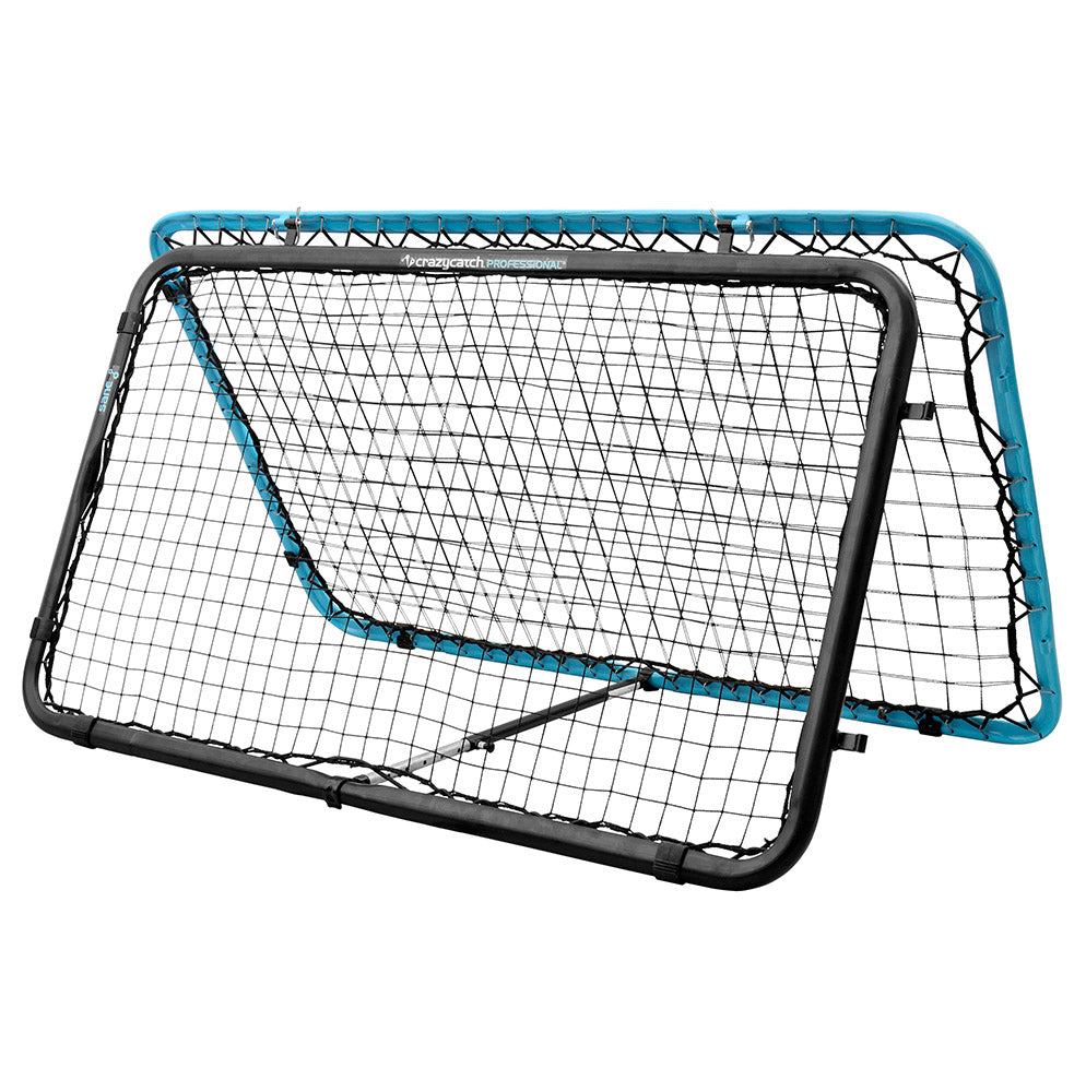 A large, rectangular, black and blue rebound net designed for sports training.