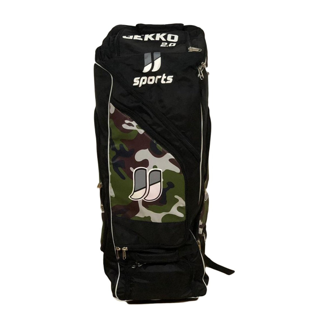 Black sports bag with camouflage design and 'JJ Sports' branding on a white background
