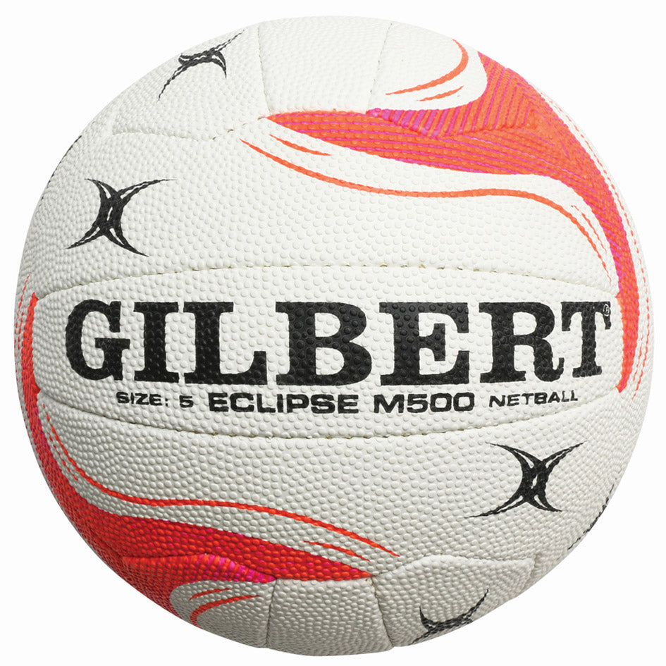 Gilbert Eclipse M500 netball with red and pink design on a white background