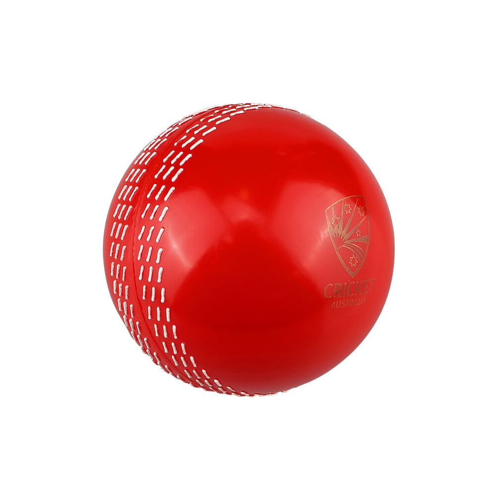 Red cricket ball with white stitching on a white background