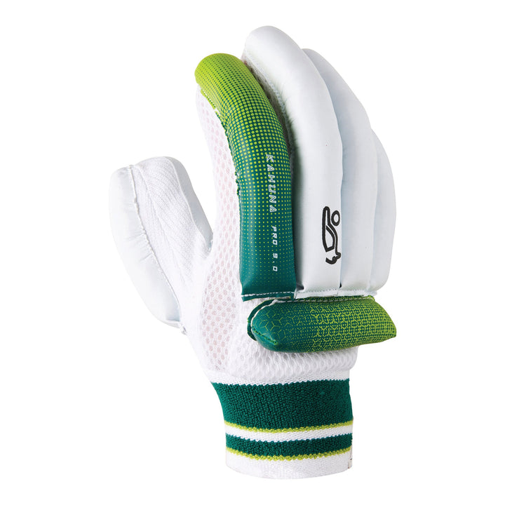 White and green Koookaburra Kahuna 9.0 cricket glove on a white background