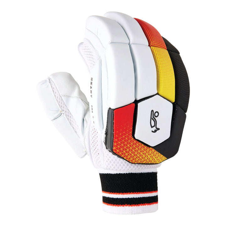 Kookaburra Beast Gloves with white, red, yellow, and black design on a white background