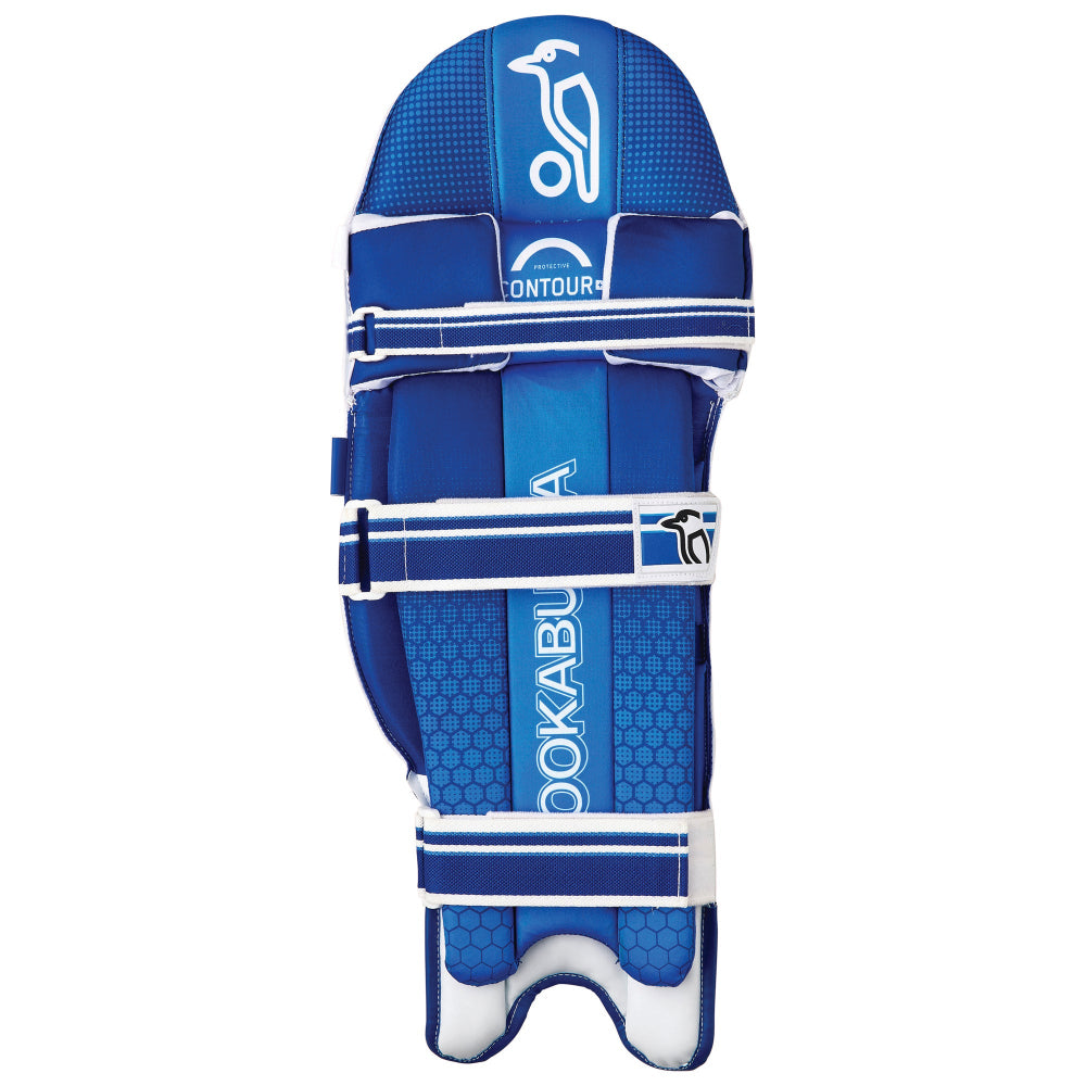 Blue cricket pad with Kookaburra branding on a white background