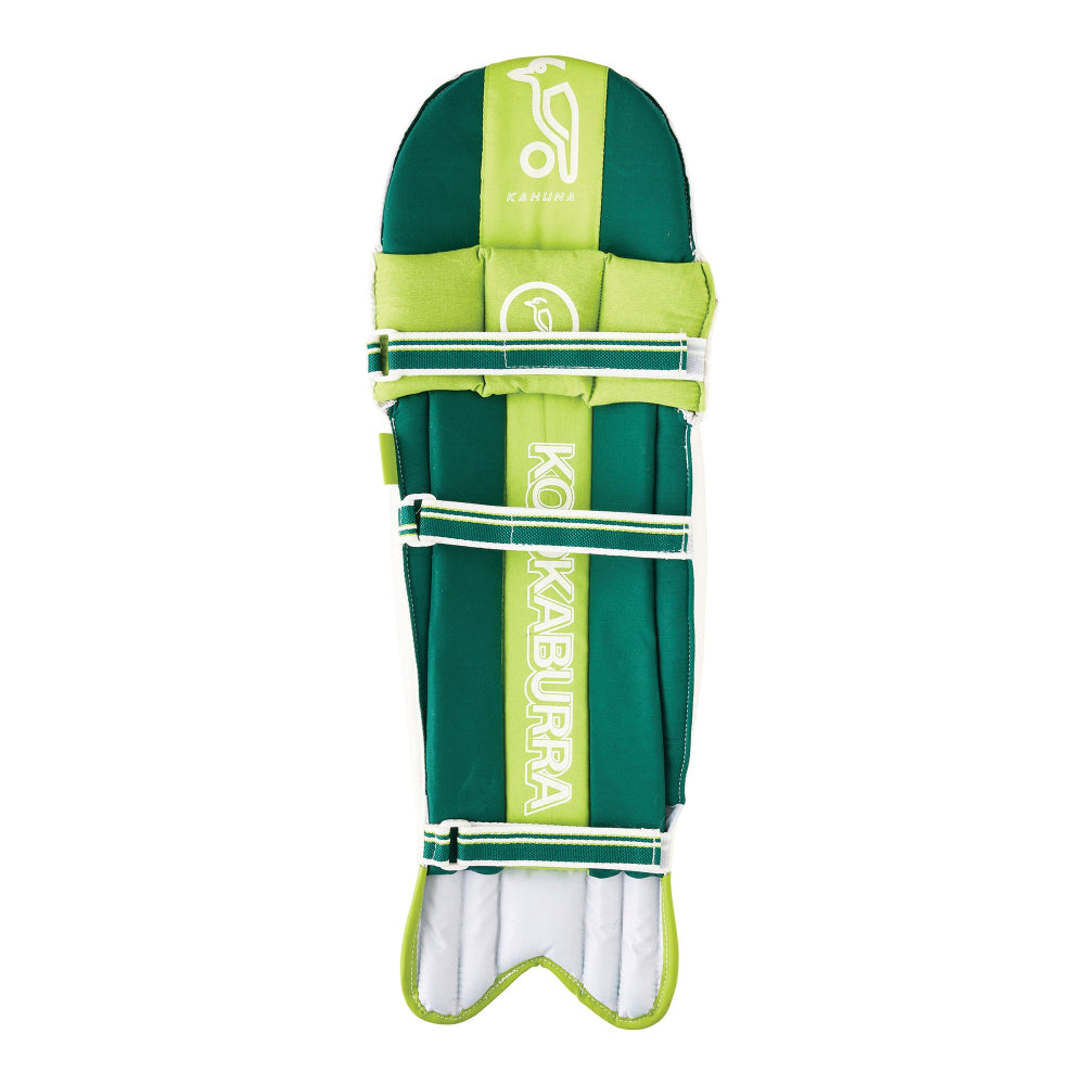 Green and lime green cricket pad with Kookaburra branding on a white background