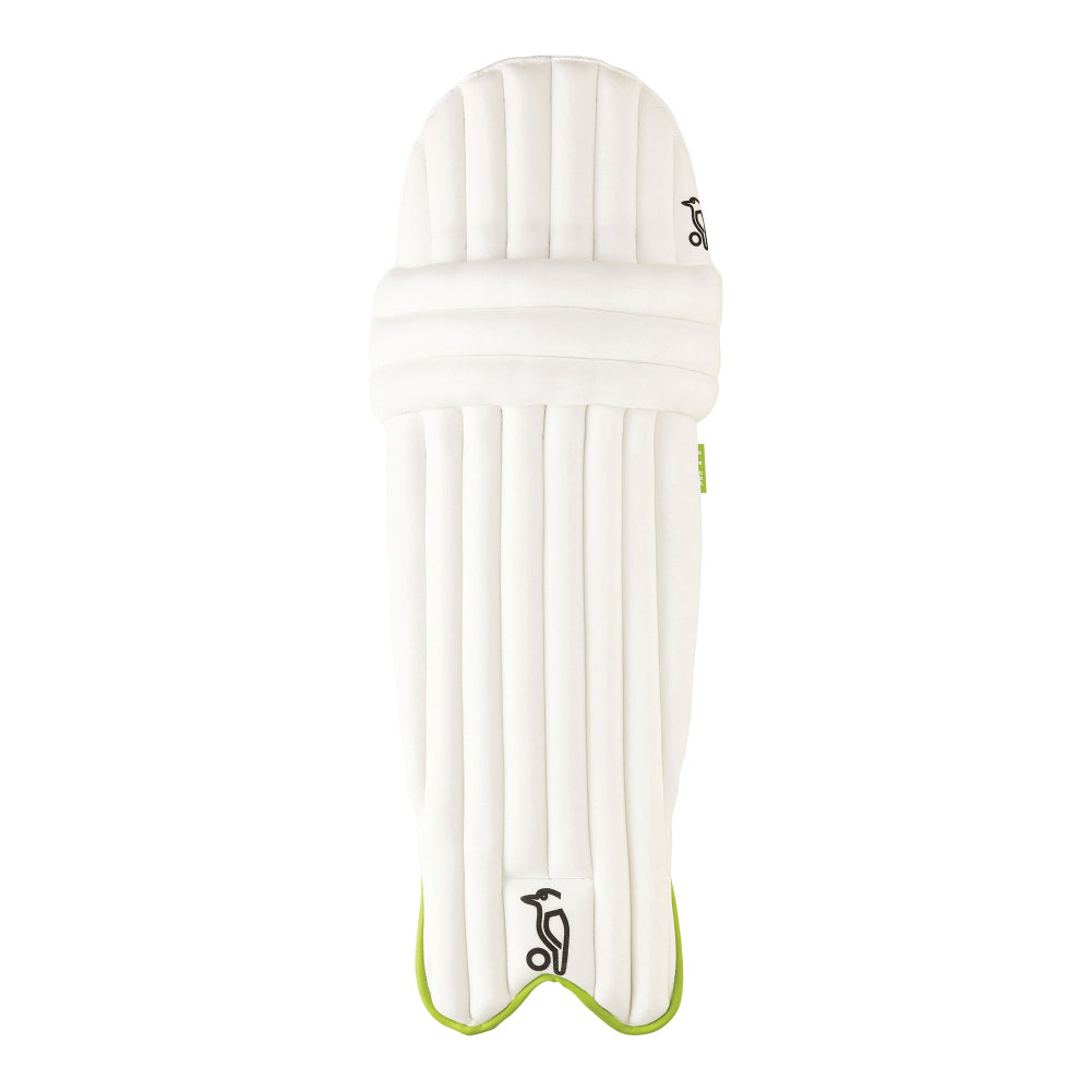White Kookaburra cricket pad with green accents on a white background