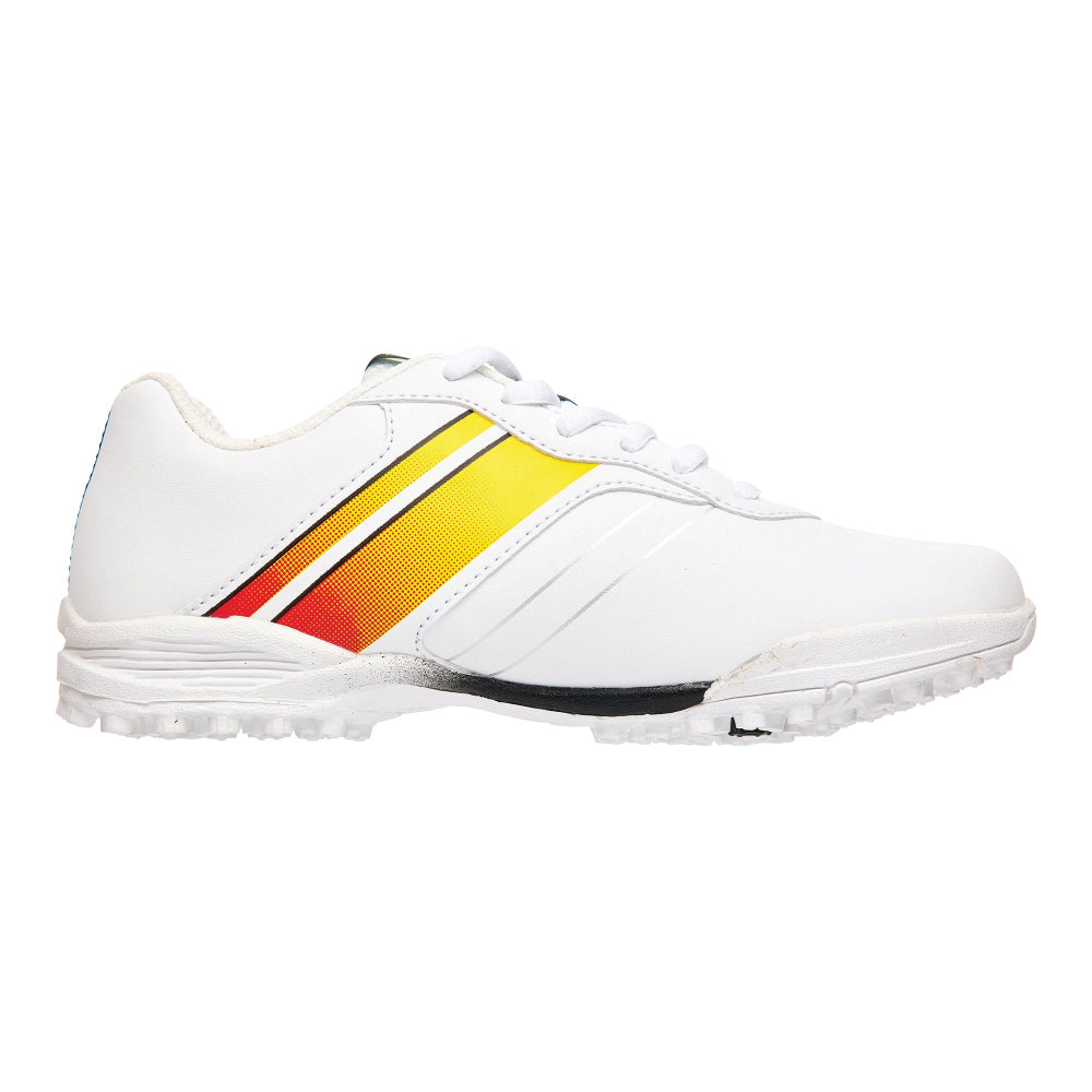 Kookaburra cricket shoe with rubber sole and yellow and red accents.
