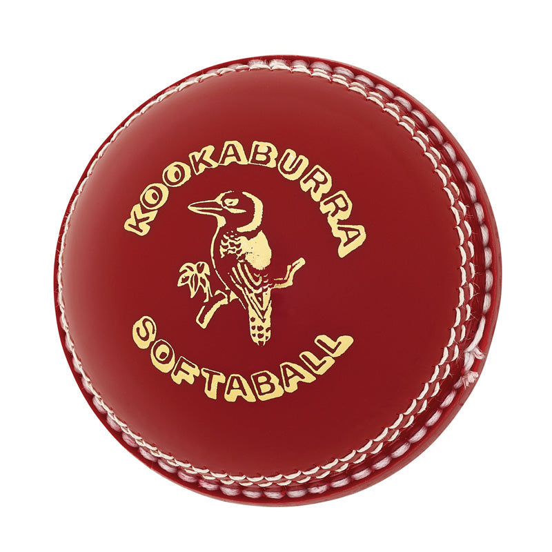 Red softball with Kookaburra logo on a white background