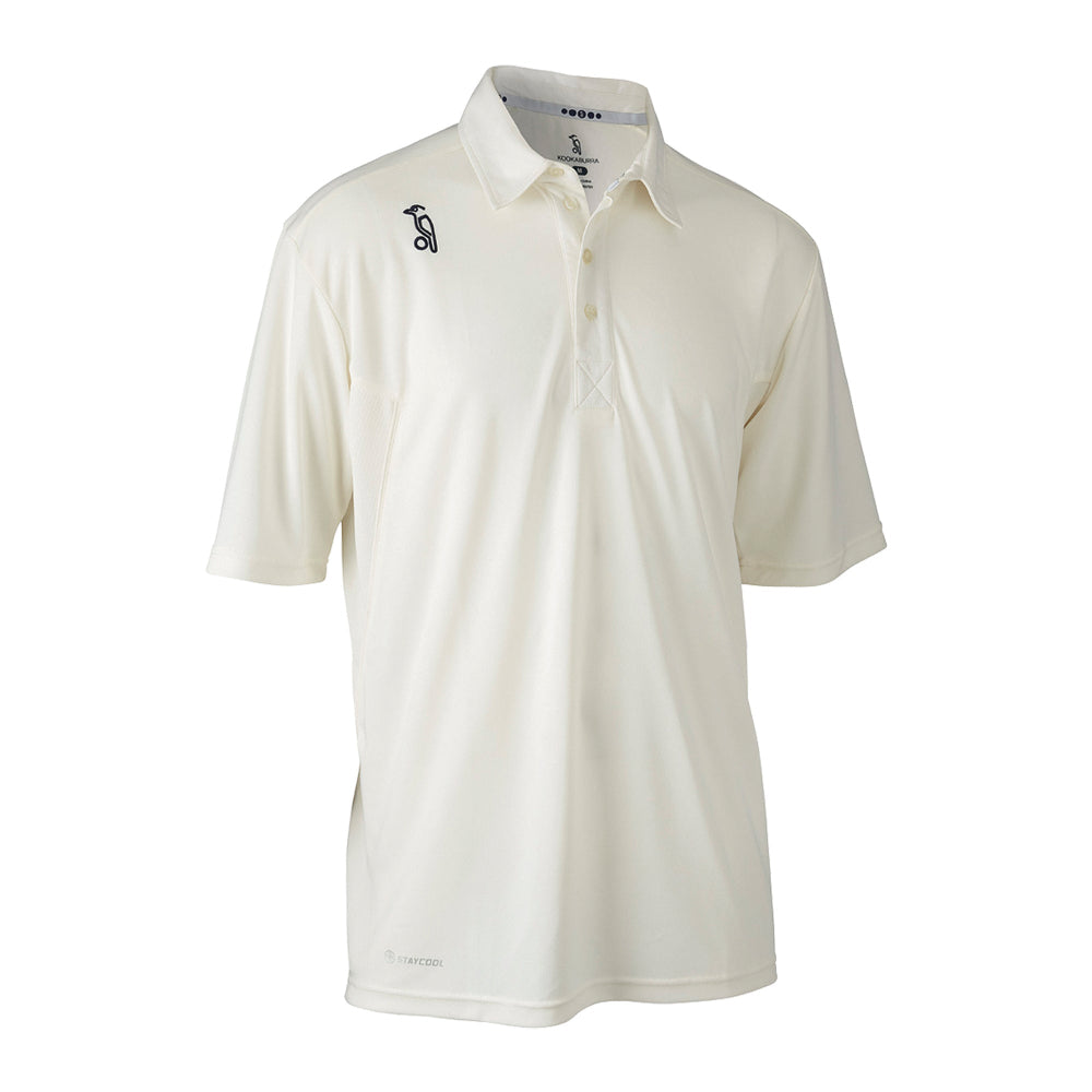 White short sleeve cricket polo with Kookaburra branding on.