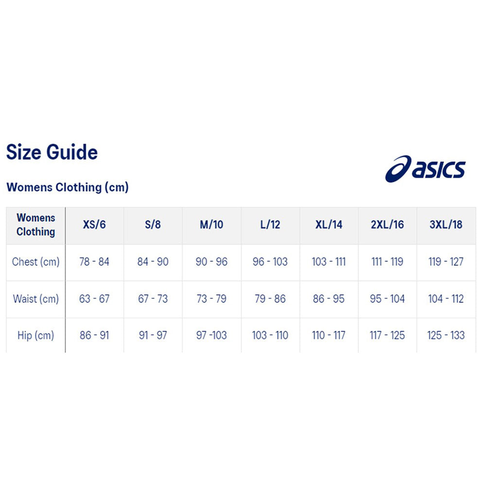 ASICS size guide table for women's clothing in centimeters, showing measurements from XS/6 to 3XL/18 across chest, waist, and hip columns on a white background.