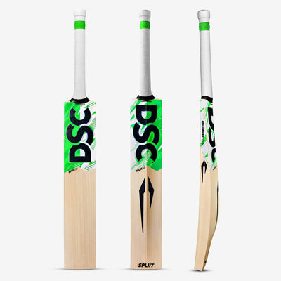 Three views of a DSC Split cricket bat on a light gray background, showing the blade, back, and edge with natural wood, green and black branding, and white handle wrap.