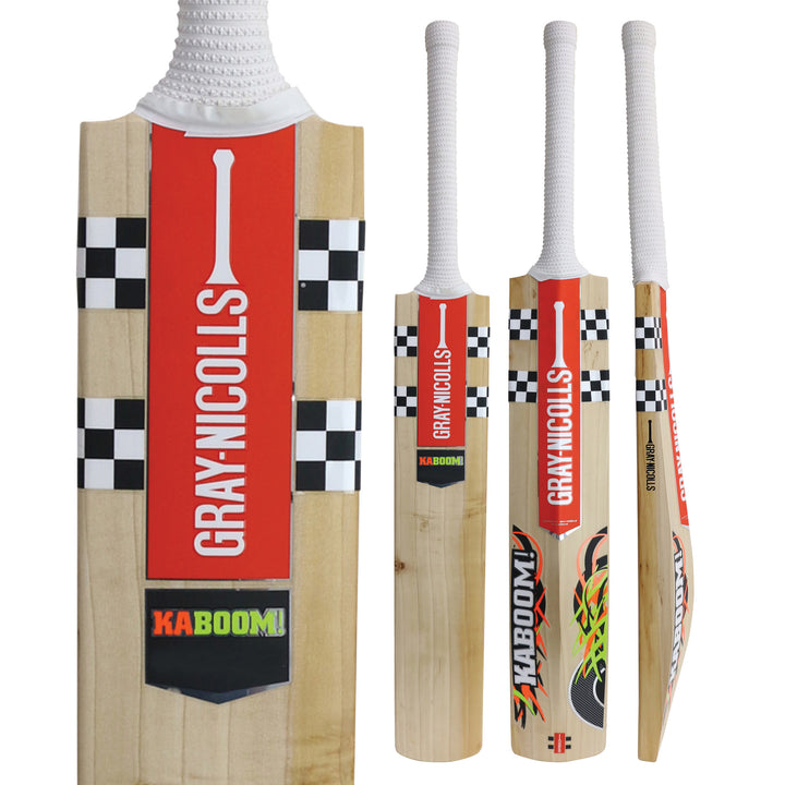 Gray-Nicolls KABOOOM cricket bat with the face, back and side profiles in shot.