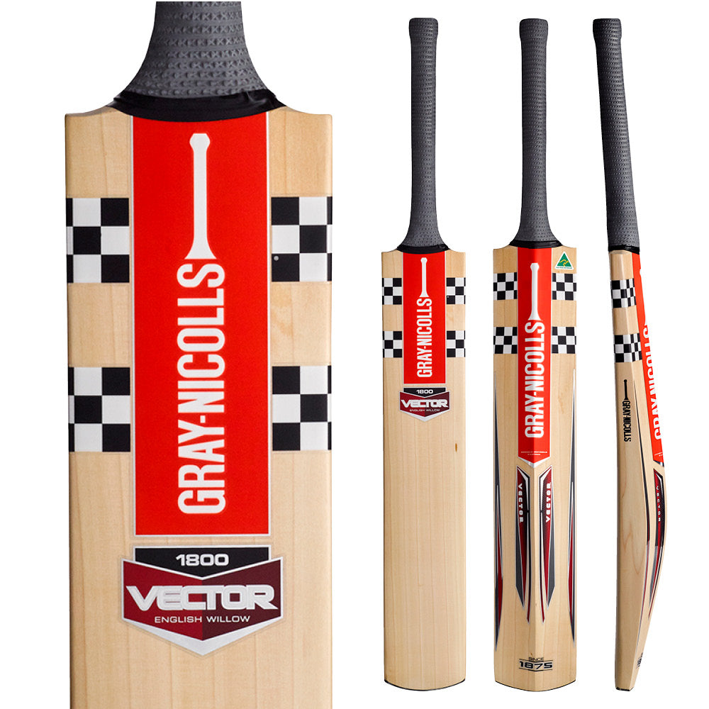 Four views of a Gray-Nicolls Vector 1800 English Willow cricket bat on a white background, showing the back, front, and side views with its red, black, and natural wood color scheme.