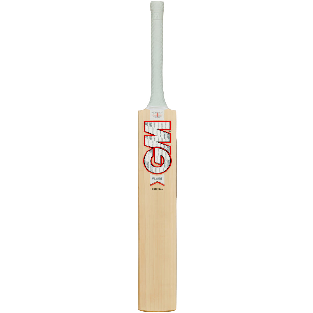 Crickets bat with GM logo and Flare stickers on a white background