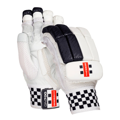 White cricket batting glove with black accents and brand logo on a white background