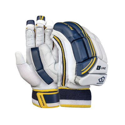 A pair of Masuri C Line cricket batting gloves with white, blue, and yellow color scheme, featuring leather palms and protective padding.