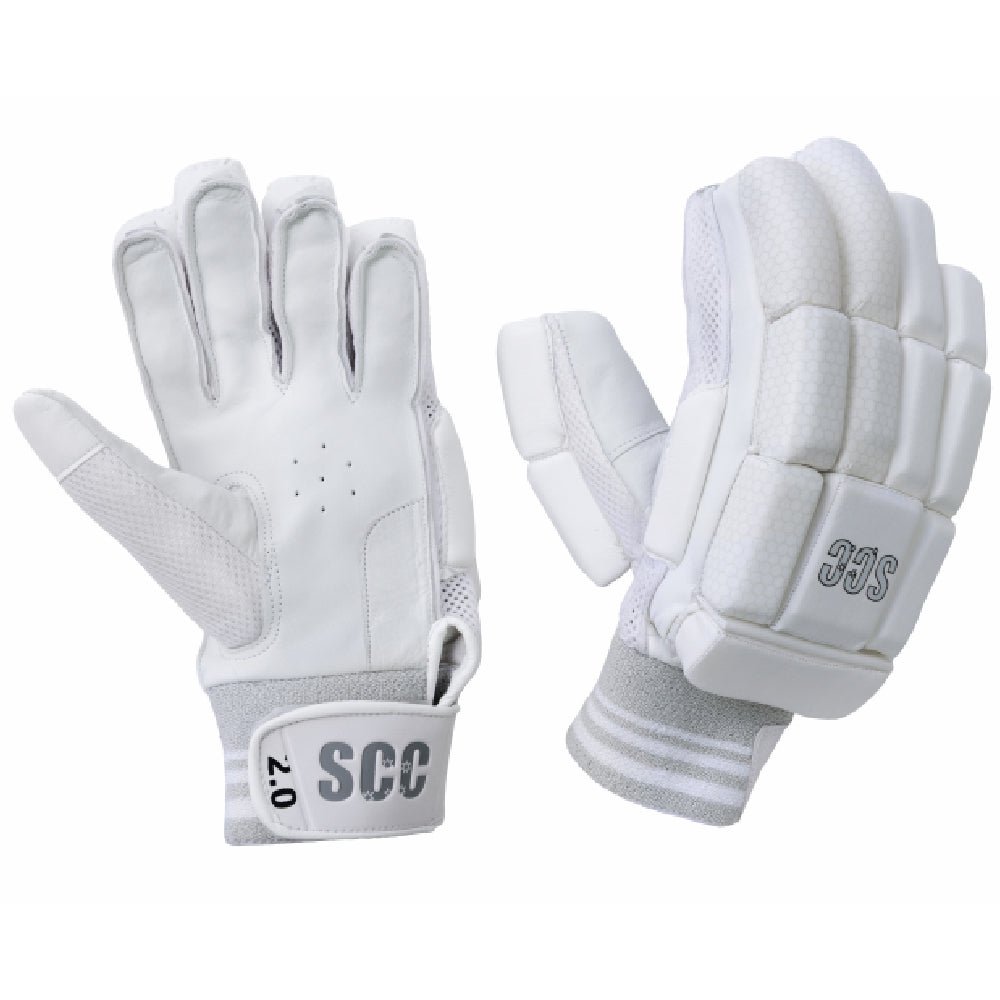 Pair of white cricket gloves with 'SCC' branding and the model '2.0' on a white background.