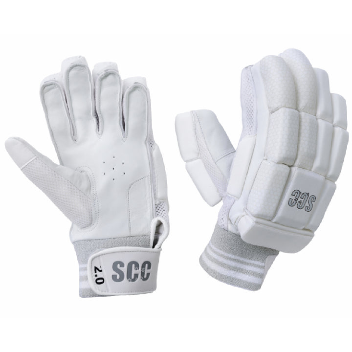 Pair of white cricket gloves with 'SCC' branding and the model '2.0' on a white background.