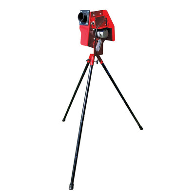 A red cricket bowling machine mounted on black tripod-style legs, designed for training purposes.