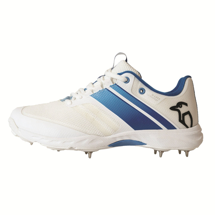 White and blue Kookaburra cricket spike shoe.