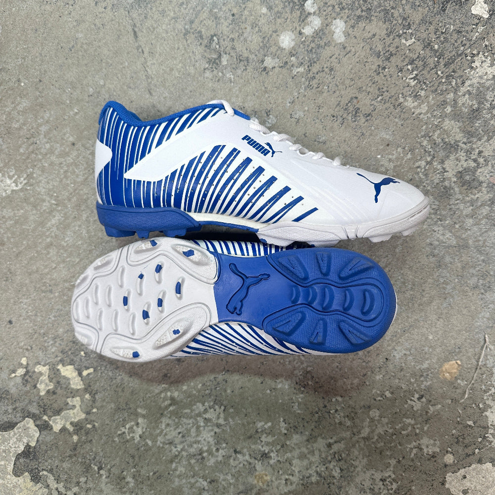 White and blue sports shoes with Puma logo on a concrete floor