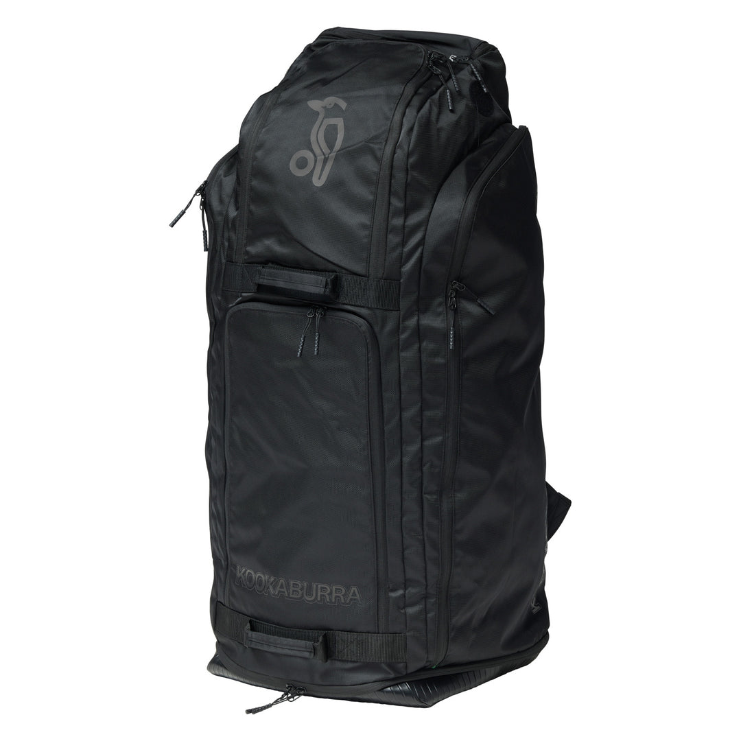 Black backpack with visible Kookaburra branding on a white background