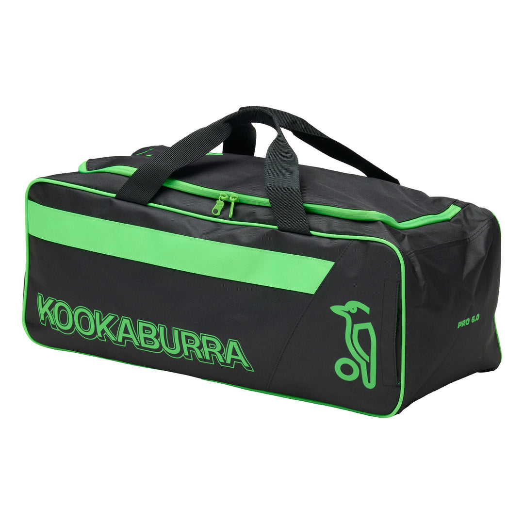 Black and green sports bag with Kookaburra logo on a white background