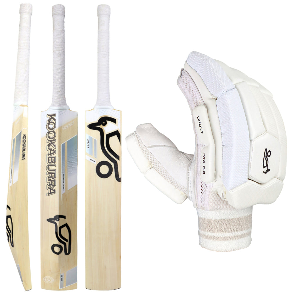 a Kookaburra Ghost Cricket bat and a pair of gloves with Kookaburra branding on a white background