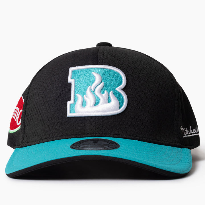 Black and teal baseball cap with the Brisbane Heat logo on a white background