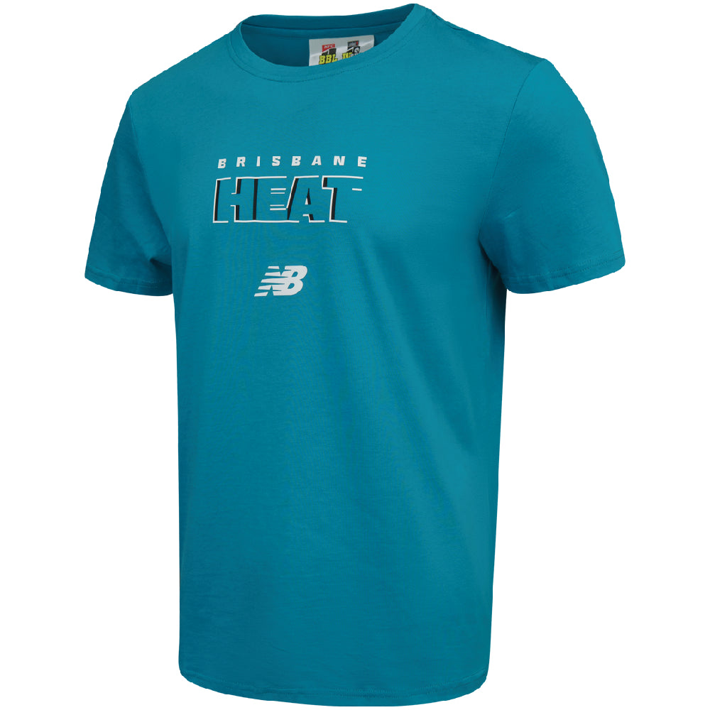 Teal t-shirt with 'Brisbane Heat' text and New Balance logo on a white background