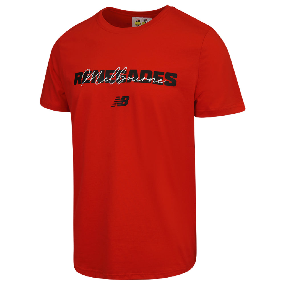 Red t-shirt with black text of the Melbourne Renegades logo on, plus New Balance logo.