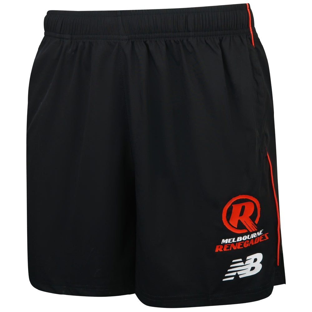 Black sports shorts with Melbourne Renegades and New Balance logos on a white background