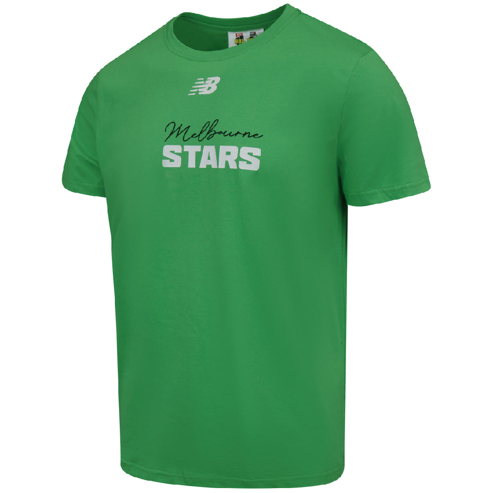 Green t-shirt with 'Melbourne Stars' text and New Balance logo on.