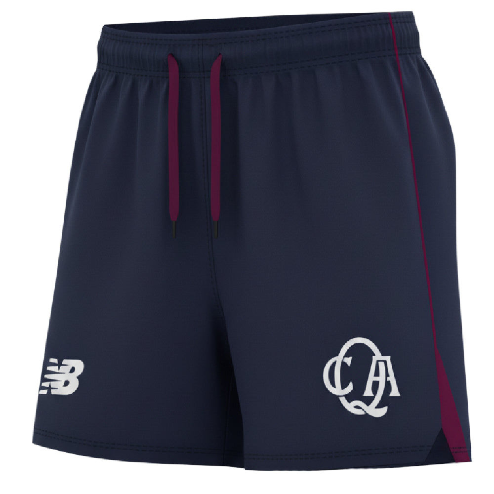 Navy shorts with red accents and logos on a white background
